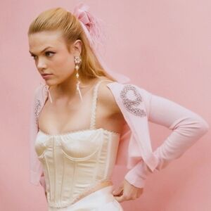 NWT LoveShackFancy Modine Pink Embellished Wool Cardigan $395